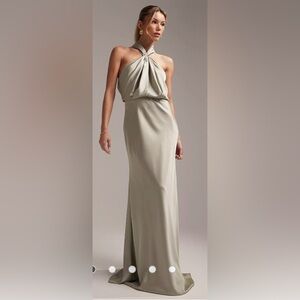 ASOS DESIGN Bridesmaid satin ruched halter neck maxi dress in sage green